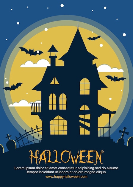 Plik wektorowy wesołego halloween z mrocznym zamkiem, nietoperzem, cmentarzem i pełnią księżyca nadaje się na plakat i baner