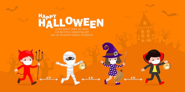 Wesołego Halloweenowego Przyjęcia Dla Nowych Normalnych ślicznych Małych Grupowych Dzieci Ubranych W Kostiumy Na Halloween Sztuczka Lub Leczenie I Noszenie Maski Na Twarz I Dystans Społeczny Chroń Koronawirusa Covid 19 Banner