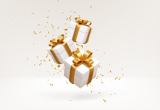 Wesołego nowego roku i Wesołych Świąt 2022 białe pudełka ze złotymi kokardkami i konfetti złote cekiny na białym tle. Pudełka na prezenty latające i spadające. Ilustracja wektorowa eps10