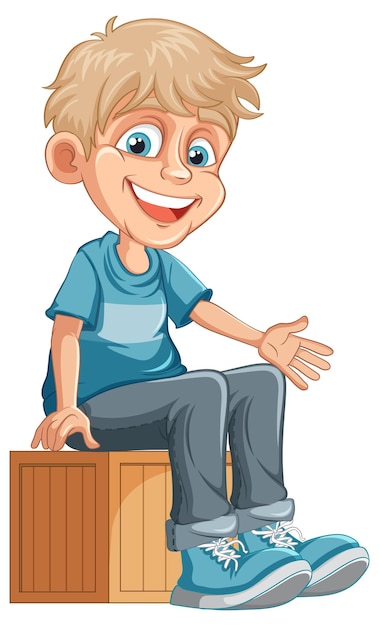 Plik wektorowy wesoły chłopiec siedzi na drewnianym pudełku kreskówka