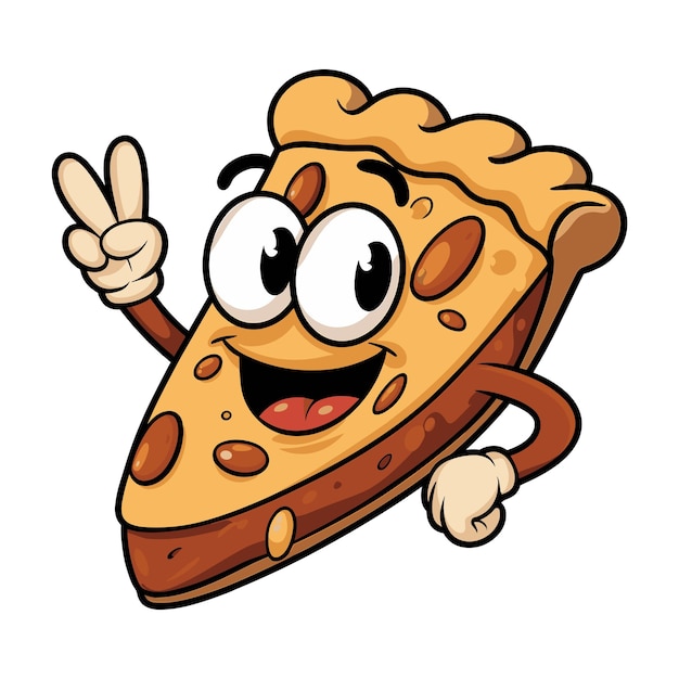 Wesoły kreskówkowy retro pie slice postać tworząca znak pokoju z radosnym wyrazem w zabawnym stylu wektorowym