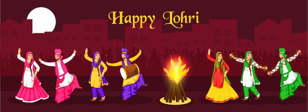 Wesoły lud Punjabi tańczy Bhangra z instrumentami muzycznymi i ogniem w pełni księżyca na ciemnoczerwonym tle dla szczęśliwej uroczystości Lohri