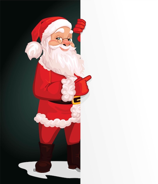 Wesoły Mikołaj, uśmiechnięta postać z kreskówki, Święta Bożego Narodzenia, na tle z banerem. ilustracja wektorowa