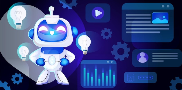 Wesoły robot z żarówkami, elementami interfejsu cyfrowego i biegami na ciemno niebieskim tle koncepcja innowacji i technologii Ilustracja wektorowa