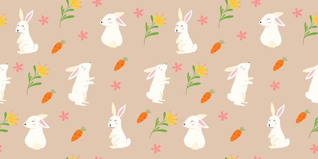 Wesołych Świąt bezszwowe wzór Piękne ręcznie rysowane kwiaty jaja króliczki i ładny element transparentu tapety lub opakowania ilustracji wektorowych