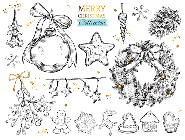 Plik wektorowy wesołych świąt bożego narodzenia kolekcja z ręcznie rysowane ilustracje