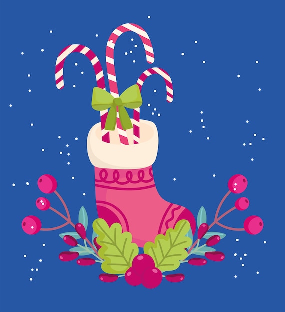 Wesołych świąt Bożego Narodzenia, Pończochy Z Cukierków Cane Holly Berry Celebration Card Vector Illustration