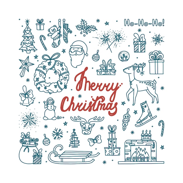 Wesołych świąt Doodle Ze Wszystkimi Obiektami Wakacyjnymi Ręcznie Rysowane Szkic świąteczny