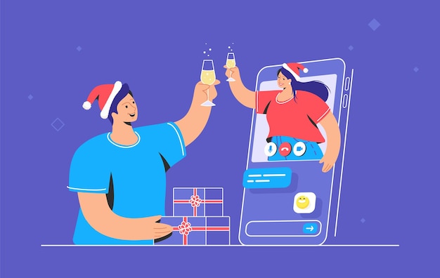 Wesołych Świąt gratulujemy za pośrednictwem połączenia wideo. Ilustracja wektorowa młodej kobiety wita swojego przyjaciela przy lampce szampana z ekranu telefonu komórkowego. Pozdrawiam i życzenia świąteczne online