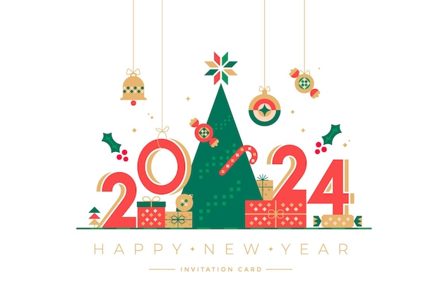 Wesołych Świąt i Szczęśliwego Nowego Roku 2024 kartka świąteczna w stylu geometrycznym z choinką