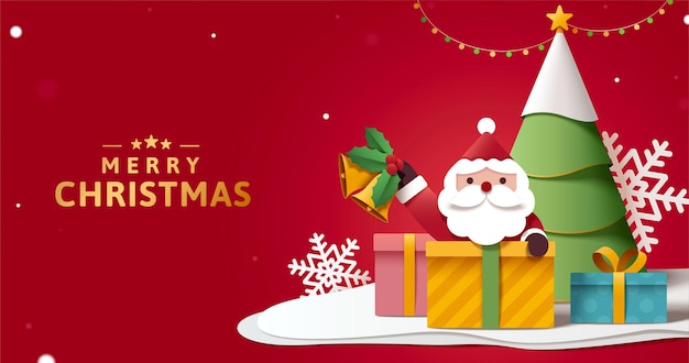 Wesołych Świąt i szczęśliwego Nowego Roku banner w 3D papierowej sztuce Słodki Święty Mikołaj chowa się za pudełkami na prezenty i dzwoni dzwonkiem