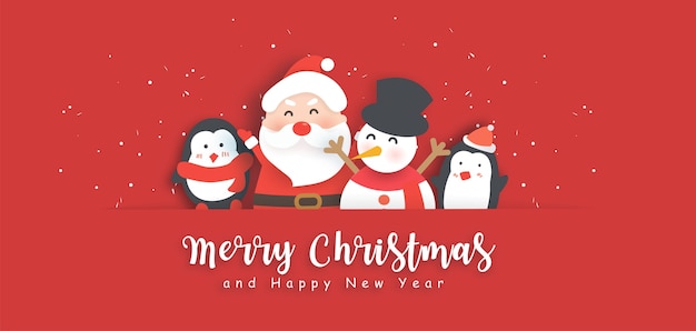 Wesołych świąt I Szczęśliwego Nowego Roku Banner Z Uroczym Mikołajem I Przyjaciółmi.