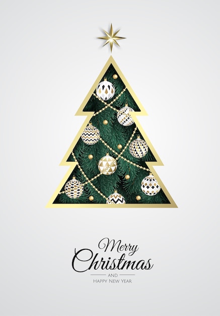 Wesołych świąt I Szczęśliwego Nowego Roku. Boże Narodzenie Tło Z Drzewa Xmas, Płatki śniegu, Gwiazda I Kulki. Kartka Z życzeniami, Baner świąteczny, Plakat Internetowy