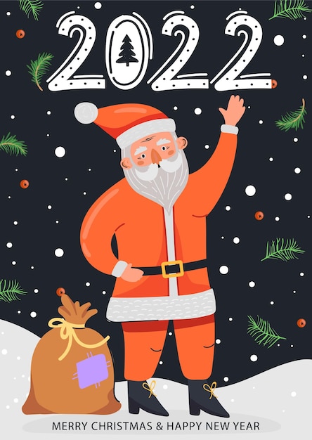 Wesołych świąt I Szczęśliwego Nowego Roku Ilustracja Zabawna Postać świętego Mikołaja Macha Ręką