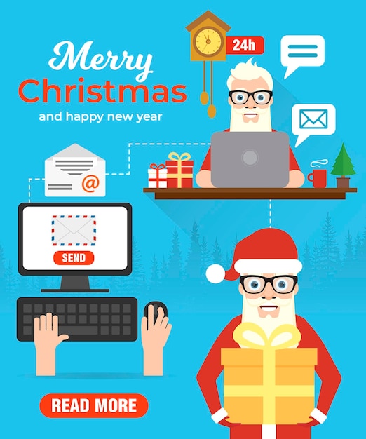 Wesołych świąt I Szczęśliwego Nowego Roku Koncepcja Projektowania Płaskiego Z Santa Claus Santa Mail Online Pozdrowienie Ilustracja Wektorowa