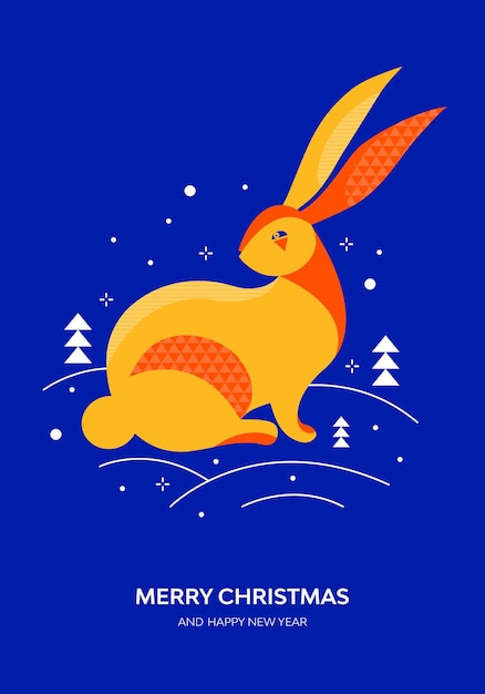 Wesołych Świąt i szczęśliwego Nowego Roku plakat lub kartkę z życzeniami Chiński znak zodiaku Królik symbol Zając w zimowym lesie wśród zasp i śniegu Księżycowy nowy rok Ilustracja wektorowa w geometrycznym minimalizmie