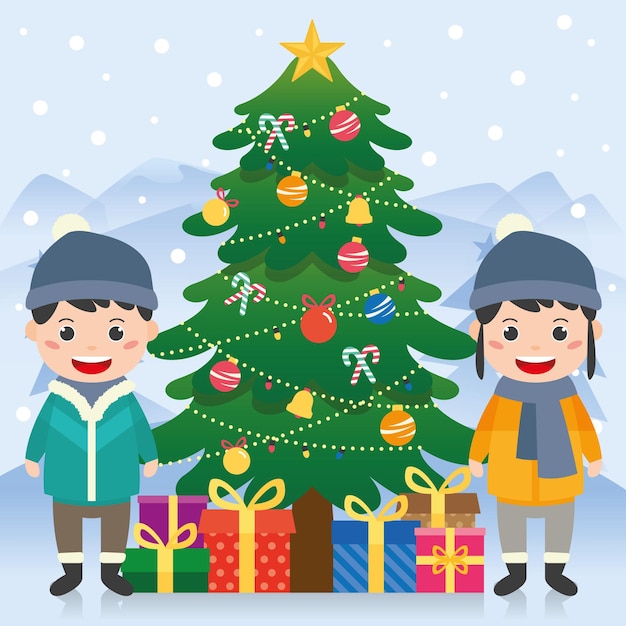 Wesołych świąt Ilustracja Z życzeniami Ze Szczęśliwymi Dziećmi Noszą Zimowe Ubrania Na Zewnątrz