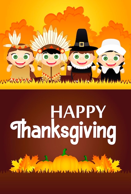 Wesołych świąt Plakatu Dziękczynienia. śmieszne Dzieciaki W Strojach Rdzennych Amerykanów I Indian