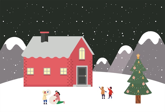 Wesołych świąt sezon świąteczny ilustracja karta czerwony dom zimowy projekt