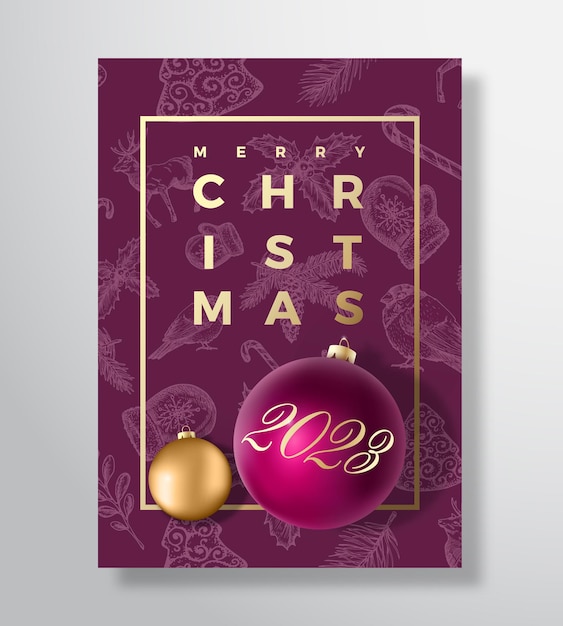 Wesołych świąt Streszczenie Wektor Kartkę Z życzeniami Plakat Lub Tło Wakacje Eleganckie Kolory Fioletowy I Złoty Brokat I Nowoczesna Typografia Xmas Kulki Z Miękkimi Cieniami I Wzór Szkicu Na Białym Tle