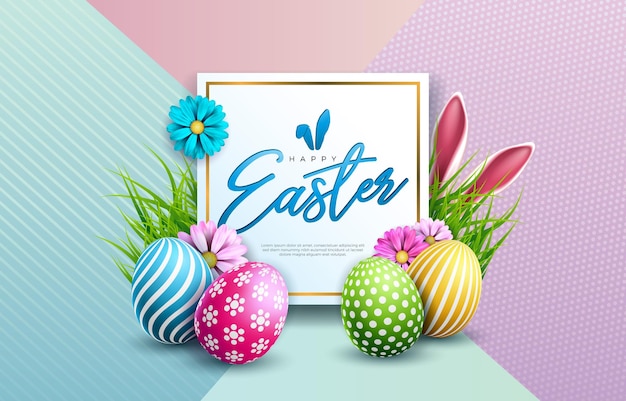 Wesołych świąt Wielkanocnych Z Kolorowym Malowanym Jajkiem Wiosenny Kwiat I Uszami Królika Na Pastelowym Kolorze