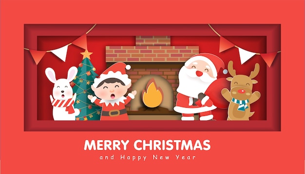 Wesołych Świąt z Mikołajem i przyjaciółmi na Boże Narodzenie w tle, ilustracja w stylu cięcia papieru i rzemiosła.