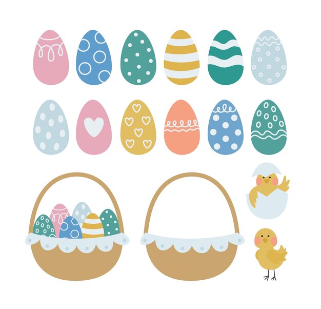 Plik wektorowy wesołych świąt zbiór ilustracji wektorowych z kolorowymi jajkami w koszu i pisklętami uroczy świąteczny projekt naklejki pocztówki w delikatnych kolorach