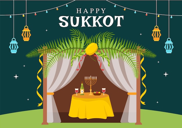 Wesołych świąt żydowskich Sukkot Ręcznie Rysowane Ilustracja Kreskówka Z Sukka I Tło Dekoracji