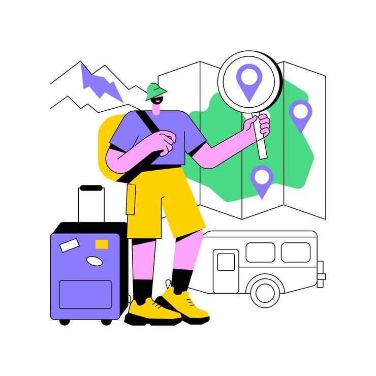 Wektor wewnątrz kraju, podróżując, abstrakcyjny, pojęcie, wektor, ilustracja