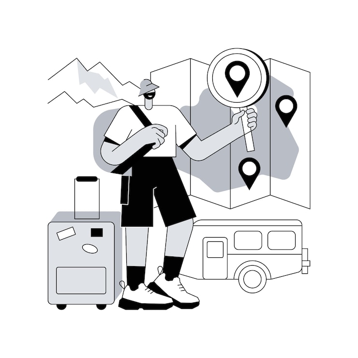 Wektor wewnątrz kraju, podróżując, abstrakcyjny, pojęcie, wektor, ilustracja