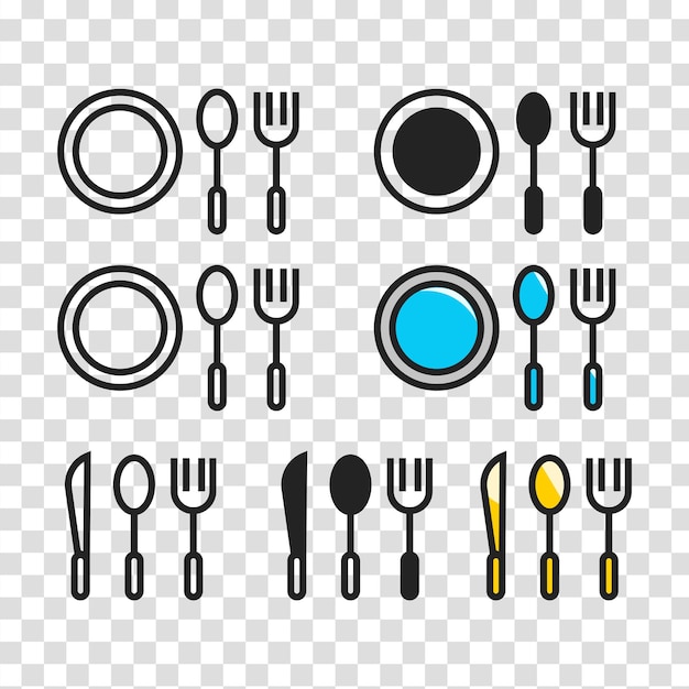Widelec, nóż, łyżka, zestaw ikon linii talerza izolowany na białym tle. Kolacja, wektor symbol żywności
