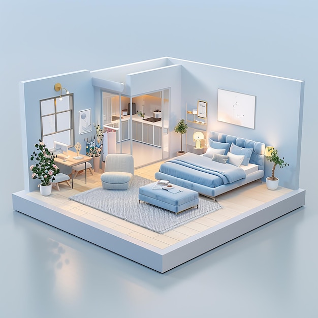 Plik wektorowy widok 3d przedstawia dom z prostą sypialnią i minimalistycznym salonem
