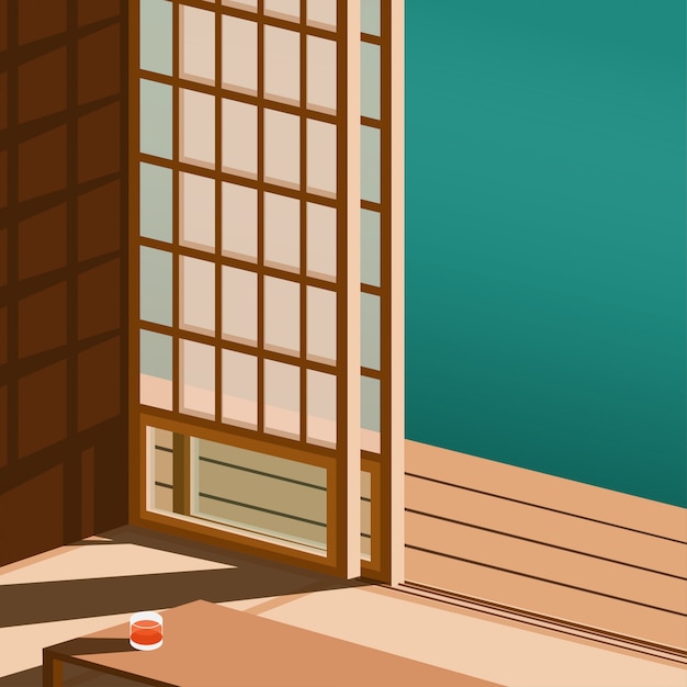 Widok drzwi w stylu japońskim z boku domu w Japonii w minimalistycznym stylu z odrobiną słońca na podłodze i stolikiem ze szklanką soku pomarańczowego w minimalistycznym stylu