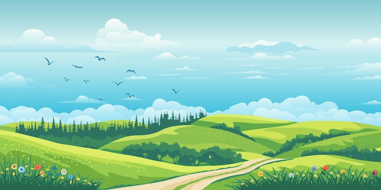Wektor widok letniego krajobrazu wiosenne wzgórza zielone łąki i wzgórze ilustracja stada ptaków