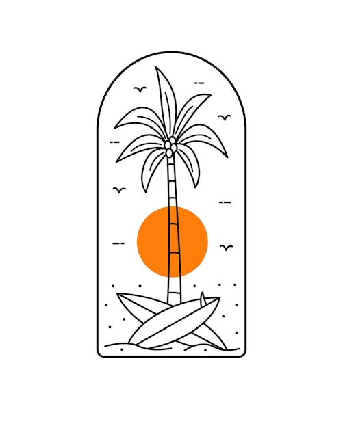 Widok na plażę z palmami i deską surfingową w mono-line art patch odznaka projekt emblemat projekt koszulki