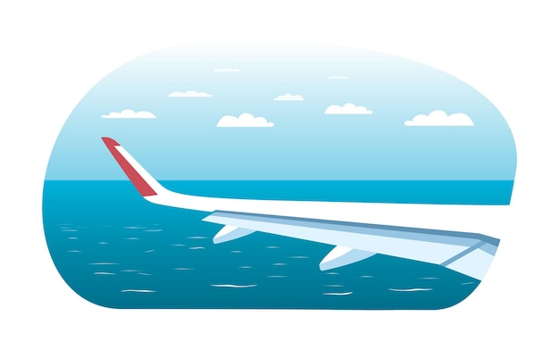 Plik wektorowy widok na skrzydło odrzutowca lecącego nad morzem. ilustracja wektorowa.