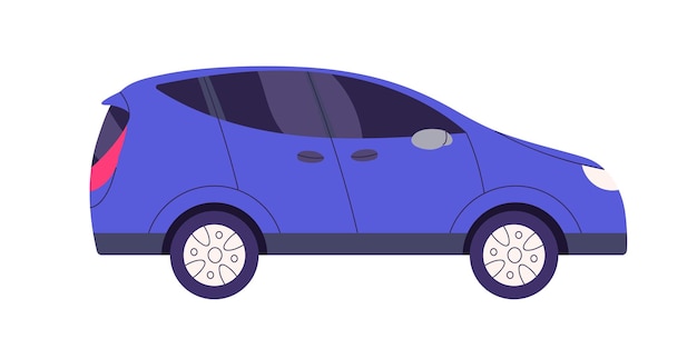 Widok Z Boku Samochodu. Niebieski Samochód, Pojazd Drogowy Z Nadwoziem Typu Hatchback. Profil Transportowy Koła. Nowy Abstrakcyjny Model Samochodu Z Barwionym Szkłem. Płaskie Wektor Ilustracja Kreskówka Na Białym Tle