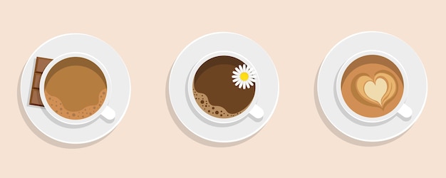 Widok z góry, kubek do kawy. Cappuccino, kawa z rumiankiem, kawa z czekoladą. Ilustracja do kawiarni, kawiarni lub restauracji.