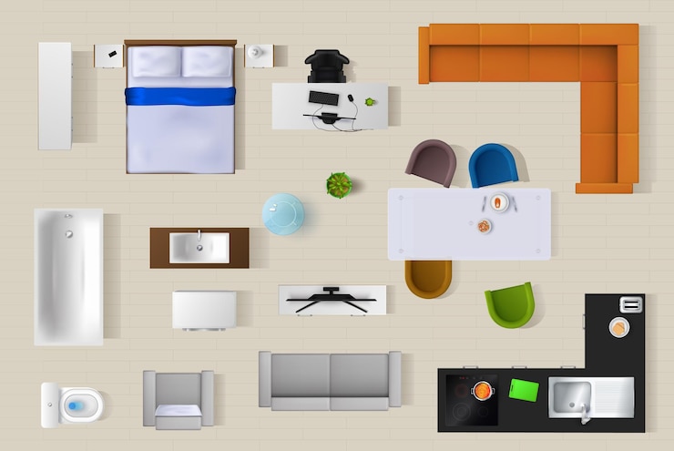 Wektor widok z góry meble wewnętrzne zestaw wektorowy 3d rozkładana sofa wanna lub toaleta biurko w miejscu pracy z fotelem stół kuchenny i zlew telewizor kanapa stolik kawowy roślina doniczkowa izolowane elementy mieszkania