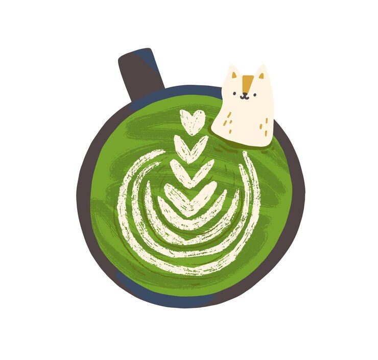 Wektor widok z góry na filiżankę zielonej kawy matcha z uroczym kotem w nim. wegetariański napój ekologiczny z pianką. wegańskie ziołowe cappuccino lub latte. kolorowe płaskie wektor ilustracja na białym tle.