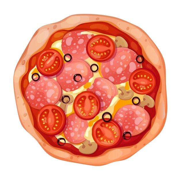 Widok Z Góry Pizzy Z Salami, Oliwkami, Pomidorami I Grzybami Na Białym Tle