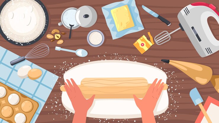 Wektor widok z góry stołu do pieczenia miarka drewniana deska do krojenia wałek do ciasta nóż do chleba miska i kubek płaska konstrukcja jedzenie do pieczenia kreskówka wektor ilustracja gotowanie ilustracja widok z góry stołu
