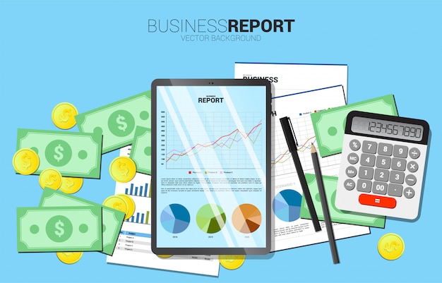 Widok Z Góry Tabeli Biznes Wykres Raportu W Tablecie Z Papieru I Kalkulatora I Pieniędzy. Koncepcja Cyfrowego Wzrostu Biznesu I Raport Trendów
