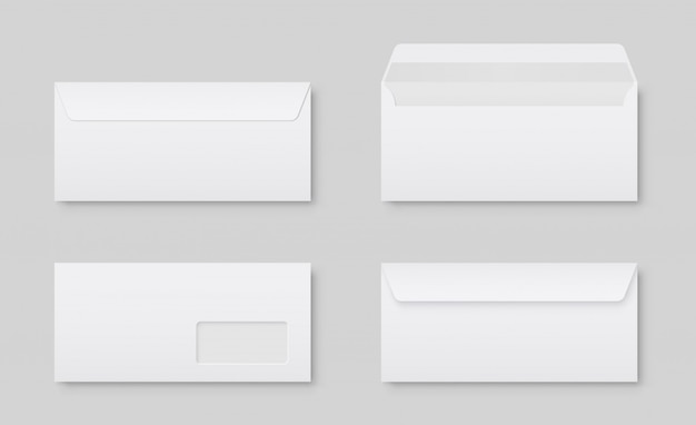 Plik wektorowy widok z przodu realistyczne puste białe litery papieru koperty dl. puste otwarte i zamknięte na szaro.