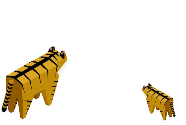 Plik wektorowy widok z tyłu dwóch tygrysów, rodzica i dziecka, izometryczny