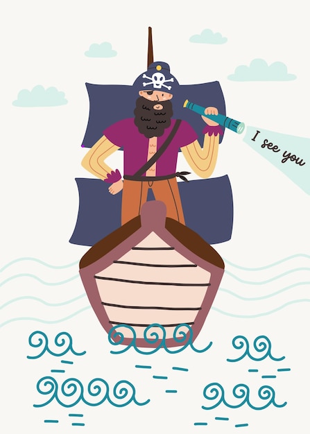 Widzę Cię Napis Pirate Na Rufie Statku Patrzy Przez Lunetę Na Pełnym Morzu Doodle Ilustracja Ocean Morze Przygoda Ręcznie Rysowane żłobek Dziecko Styl Skandynawski Dzieci T Shirt Pocztówka