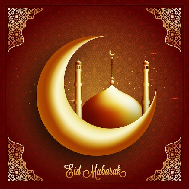 ? Wiec? Ce 3d Crescent Moon Z Meczetu Na Tle Kwiatów Projektowania. Piękna Kartka Z życzeniami Dla Islamskiego świętego Festiwalu, Uroczystość Eid Mubarak.