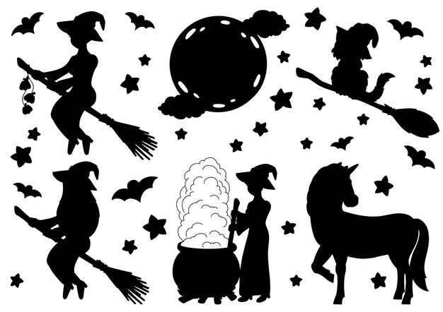 Wiedźma na miotle jednorożec kot księżyc Czarna sylwetka Motyw Halloween