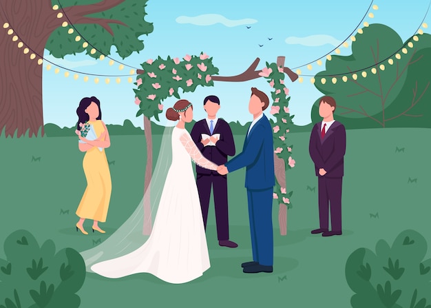 Wiejska ceremonia ślubna płaski kolor ilustracja
