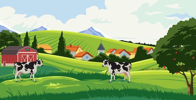 Plik wektorowy wiejska scena z farmą krowiej na zielonej trawie wektorowy projekt wsi z drzewami i górami